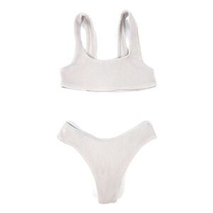 TAN + LINES Malibu Square Neck Top Ribbed Bikini Bottom Set Dove Crinkle Medium